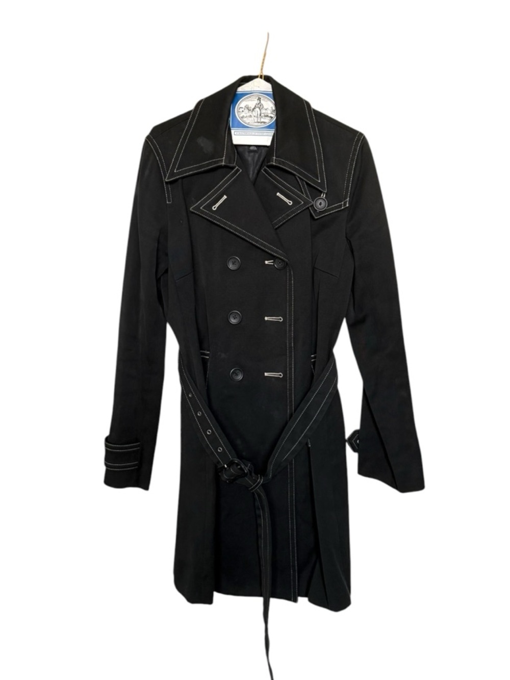 Vintage Banana Republic Black Cotton Trench Coat Contrast Stitch Belted L